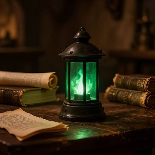 Photograph of a black, metal lantern with glowing green light, surrounded by old, yellowed books and an open parchment on a dark wooden table in