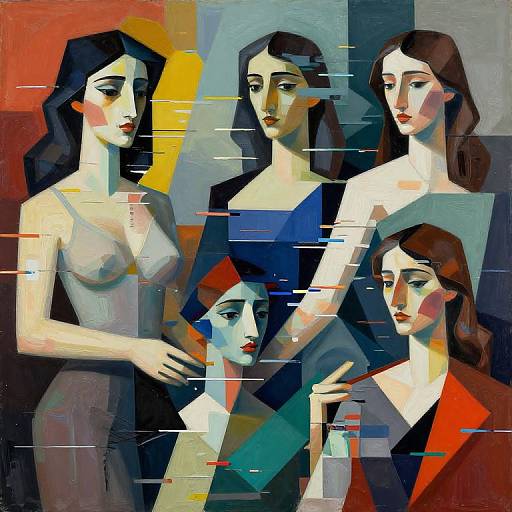 Digital painting of four stylized women with long dark hair, wearing colorful dresses, standing close together against a geometric abstract background.