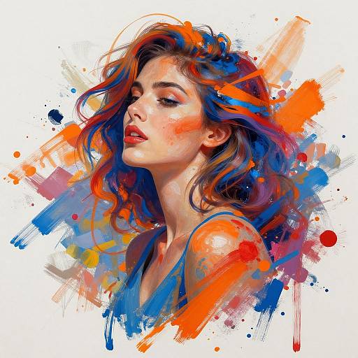 Digital painting of a beautiful woman with wavy, colorful hair in blue and orange, wearing a blue tank top, set against a vibrant abstract background.