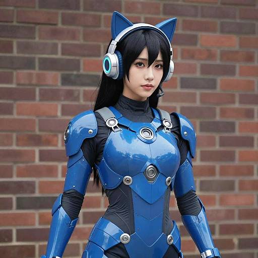 Photograph of an Asian woman in detailed blue cat-eared, futuristic armor with silver accents, black hair, and headphones, standing against a brick wall
