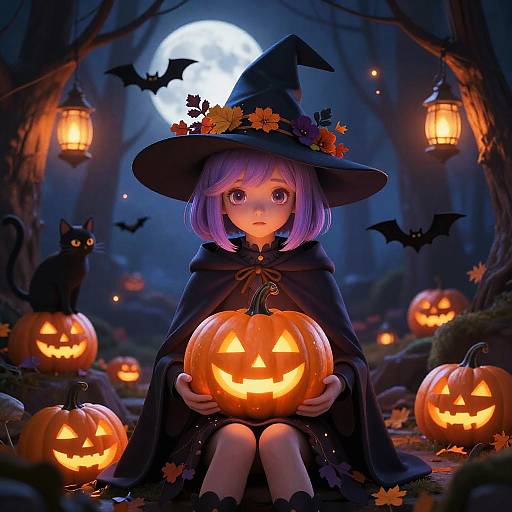Whimsical Halloween Witch in Moonlit Forest