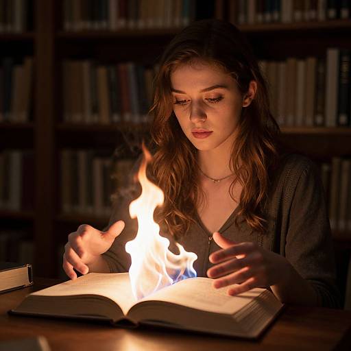 Photograph of a young woman with long brown hair, wearing a dark cardigan, reading an open book with a small flame on top in a dim