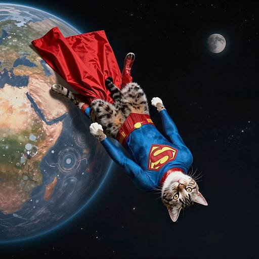 Photorealistic digital image of a tabby cat dressed as Superman, with red cape and blue suit with yellow 'S', flying through space near Earth