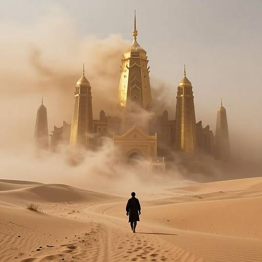 Silhouetted figure walks towards a golden, mist-shrouded, towering palace with four spires in a vast, sunlit desert. Photograph