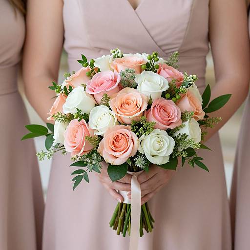 Photograph of a bride holding a pastel bouquet of pink and white roses, surrounded by greenery, in a soft pink dress.