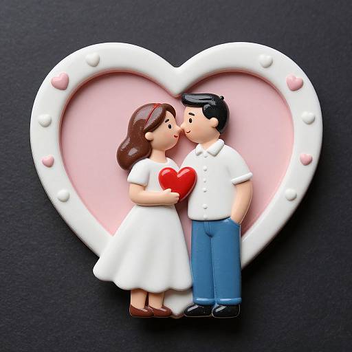 Photograph of a ceramic heart-shaped decoration featuring a brown-haired woman in a white dress and a black-haired man in a white shirt and blue pants,