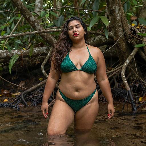 Confident Woman in Forest Stream