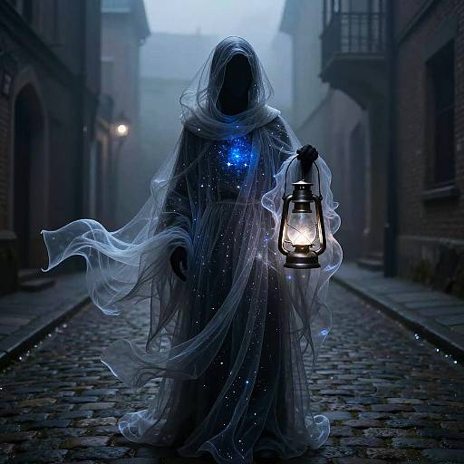 Mysterious Cloaked Figure in Gothic Alley