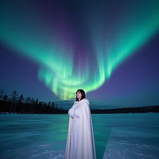 Photograph of a woman in a white cloak standing on a frozen lake at night, with vibrant green and purple Northern Lights illuminating the starry sky