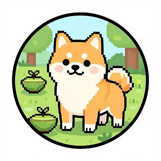 Pixel art of a cute, orange and white Shiba Inu with a fluffy tail, standing in a green grassy field with a blue sky and