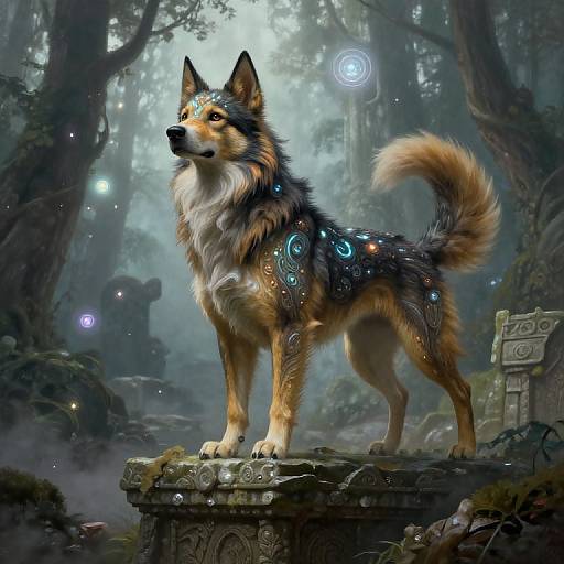 Mythical Canine in Misty Ruins