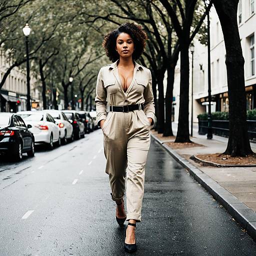 Woman in Beige Utility Jumpsuit Walking on City Street