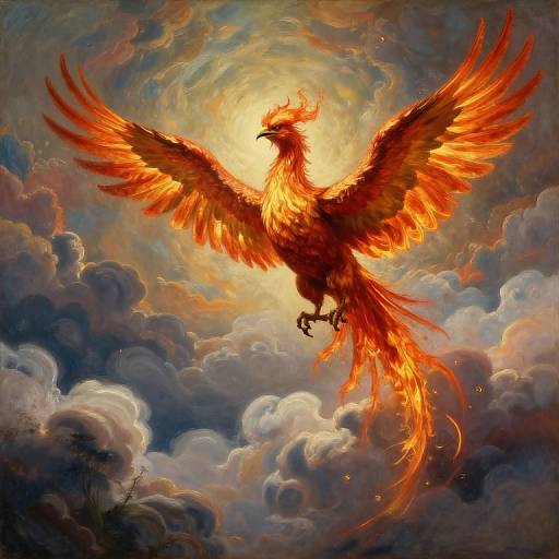 Digital painting of a fiery phoenix soaring through a dramatic, cloudy sky. Bright orange and red feathers glow against dark clouds. Sunlight illuminates the bird