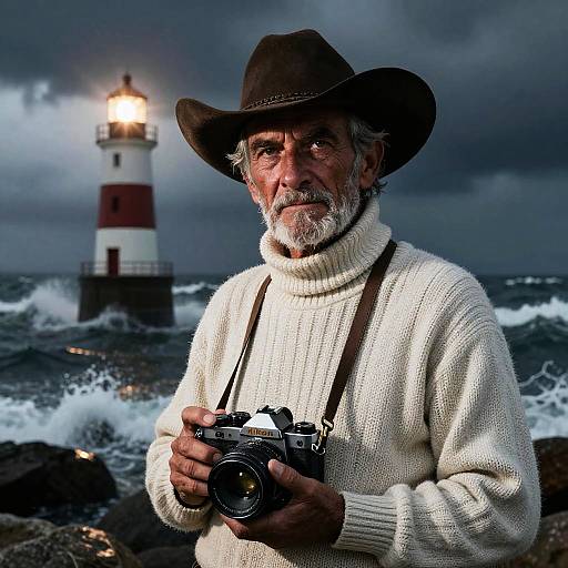Lighthouse Portrait of Rugged Fisherman
