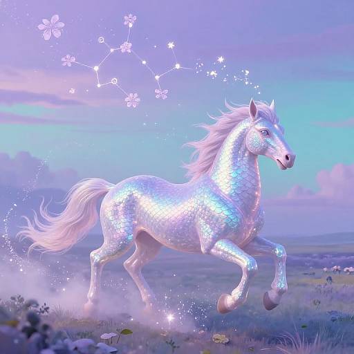 Digital art of a shimmering, white, magical horse with sparkling blue highlights, galloping through a purple and blue twilight meadow, surrounded by