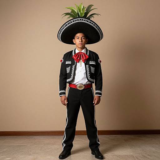 Photograph of a young boy in traditional Mexican charro suit with black jacket, white shirt, red ribbon, wide sombrero, black pants, and