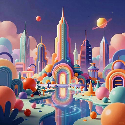 Vibrant digital illustration of a surreal cityscape with colorful, glowing skyscrapers, rainbows, floating orbs, and a reflective waterway under