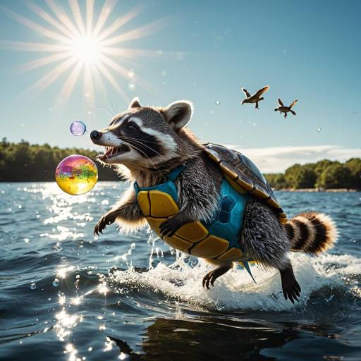Raccoon Wearing Turtle Shell Riding Water with Soap Bubbles