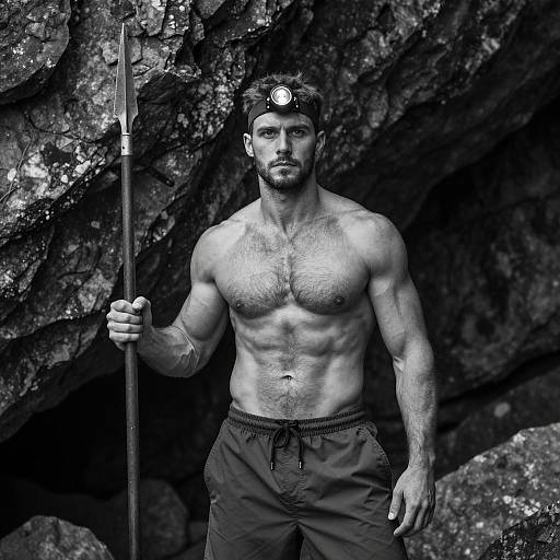 Muscular Man in Cave with Spear