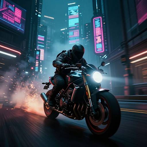Cyberpunk night scene: Silhouetted motorcyclist in black leather and helmet, with bright headlight, speed sparks, neon-lit