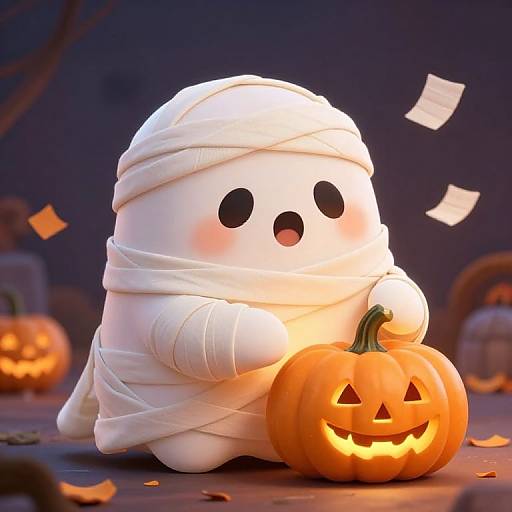 Cute, chibi-style ghost with white bandages holds a glowing, carved pumpkin with a smiling face, against a dark, Halloween-themed background.