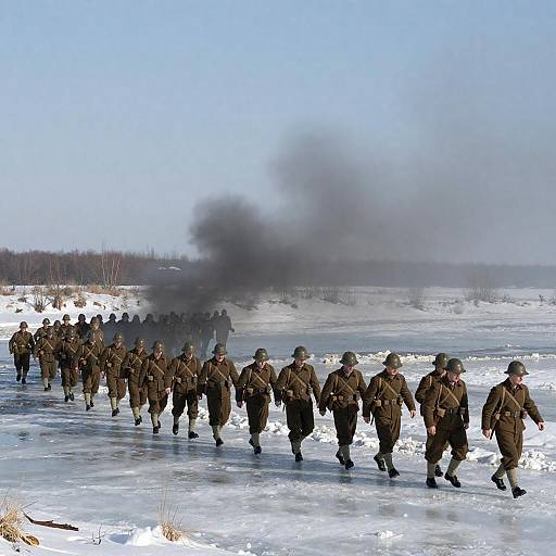 Soldiers Crossing a Frozen River in WWI