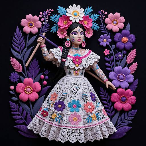 Digital illustration of a colorful, lace-dressed, flower-crowned woman with vibrant flowers, holding a stick, set against a black background.