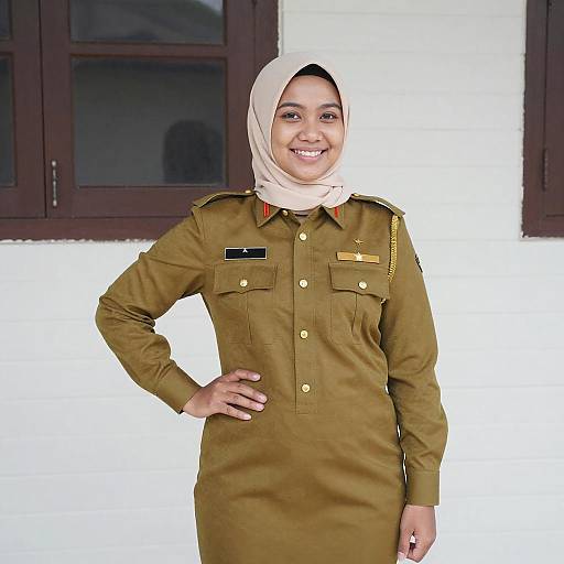 Smiling Asian Woman in Military Uniform