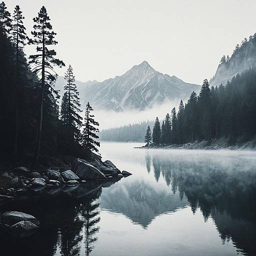 Tranquil Foggy Mountain Lake