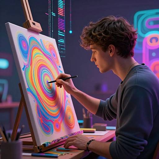 Photograph of a young man with curly brown hair, wearing a gray sweater, creating vibrant, colorful abstract artwork on a wooden easel in a neon