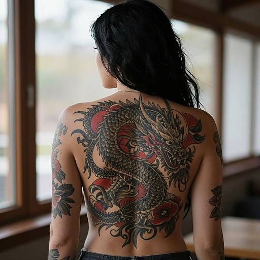 Photograph of a topless Asian woman with long black hair, back facing the camera, showcasing intricate red and black dragon tattoo on her back, standing