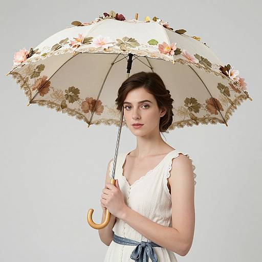 Photograph of a fair-skinned woman with dark hair, wearing a white floral dress and holding a vintage floral-patterned umbrella.