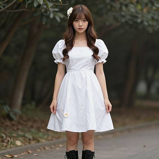 Photograph of an Asian woman with long brown hair, wearing a white puffed-sleeve dress, black lace boots, and a white flower hair