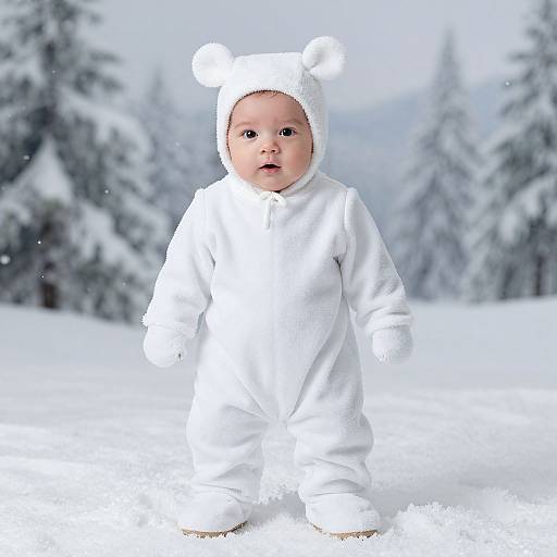 Newborn in White Snowsuit