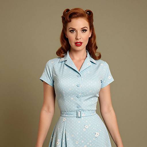 Digital illustration of a 1950s-style woman with red lipstick, wavy brown hair in hair rollers, wearing a light blue polka dot dress
