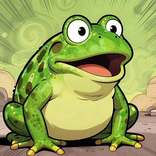Cartoon-style green frog with wide eyes and open mouth, sitting on a gray surface against a swirling green background.