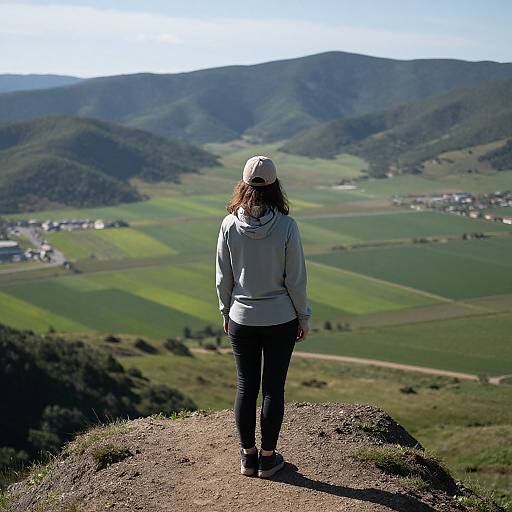 Photograph of a woman with curly brown hair, wearing a white cap, light gray hoodie, and black pants, standing on a rocky hill, g