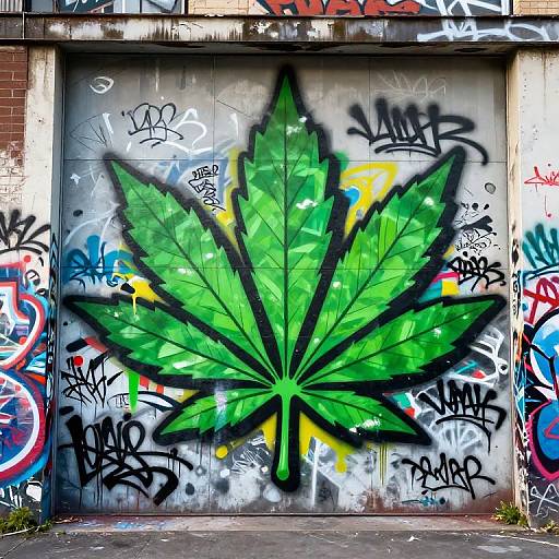 Graffiti-covered metal garage door with large, vibrant green leaf mural, featuring black outlines and surrounded by colorful, varied tags.