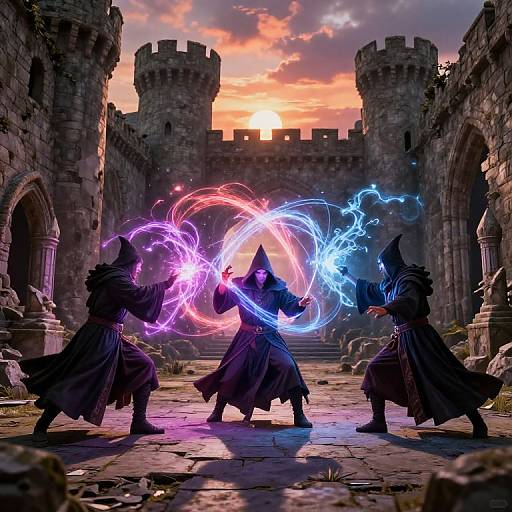 Three hooded wizards duel with colorful, glowing magical energy in a ruined, castle courtyard at sunset. Digital art, fantasy style.