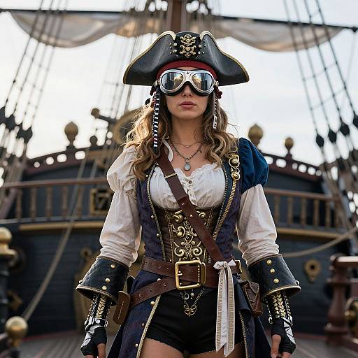Photograph of a confident woman in a pirate costume with a tricorn hat, goggles, white blouse, dark corset, and shorts, standing in