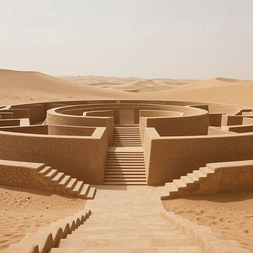 Photograph of a sunlit, sand-colored, ancient stone maze with curved walls, stairs, and a central pathway in a desert landscape.