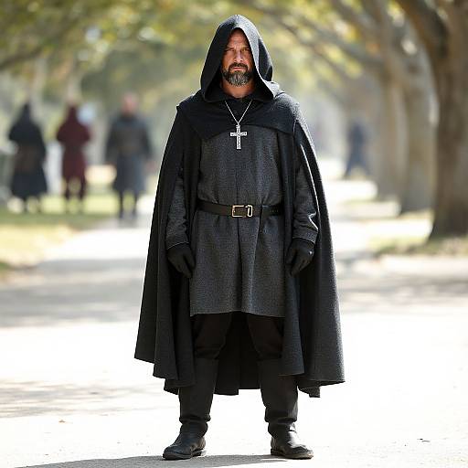 Photograph of a bearded man in a black hooded robe with a cross necklace, standing on a sunlit park path, blurred background with trees
