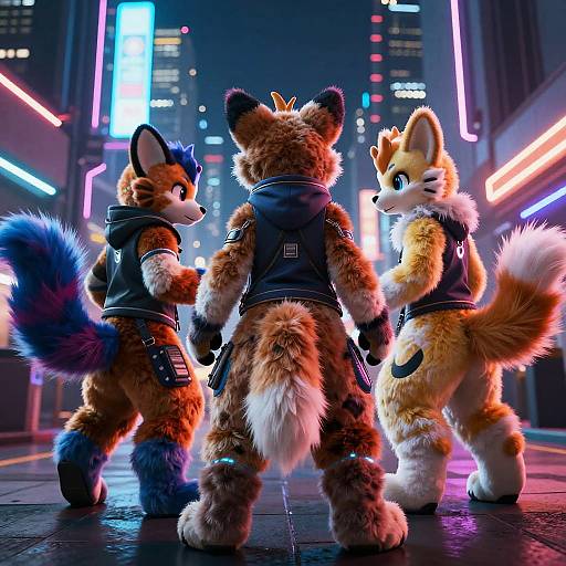 Digital artwork of three anthropomorphic foxes in black vests, standing back-to-back in a neon-lit, futuristic city street at night.