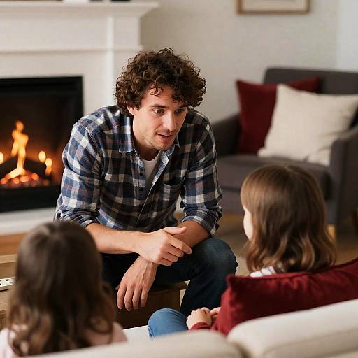 Man Talking to Children by Fireplace