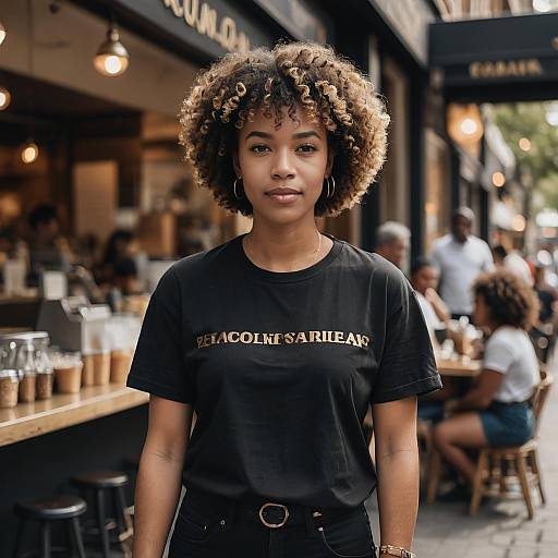 Young Woman with Curly Afro Outside Coffee Shop