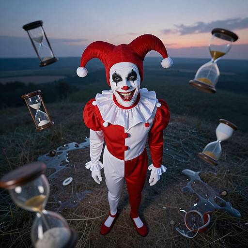 Photograph of a clown in a red and white jester suit, black face paint, and jester hat, surrounded by floating hourglasses at