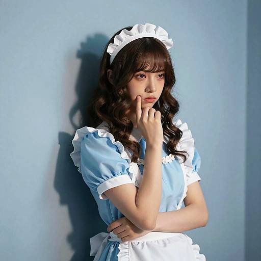 Photograph of a young woman with long brown hair, wearing a light blue French maid outfit with white trim, and a white headband, standing against