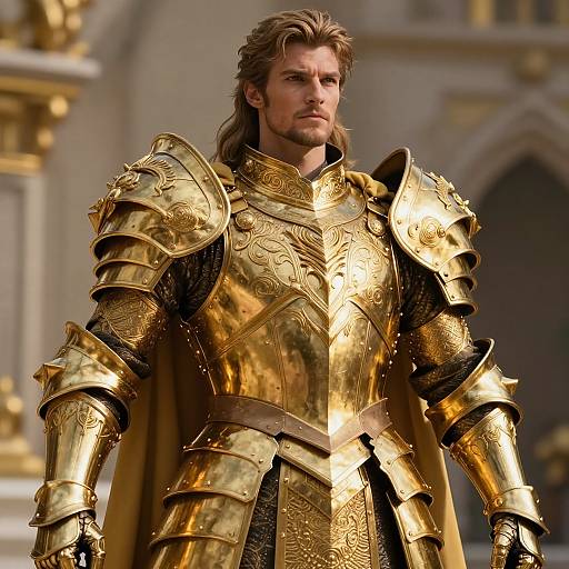 Photorealistic CGI of a handsome, long-haired man in ornate, golden medieval armor standing confidently in a grand, opulent background.