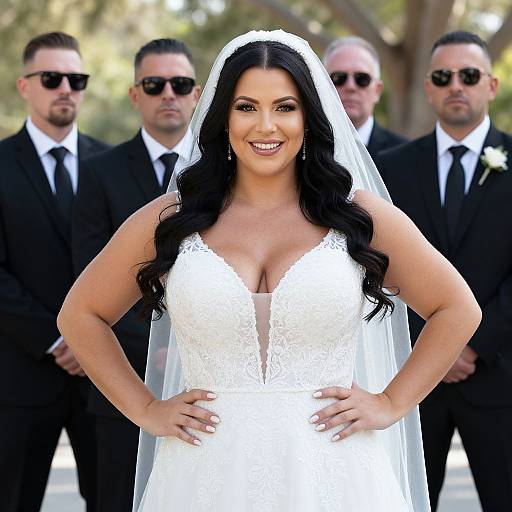 Photograph of a smiling, curvy Latina bride with long black hair, wearing a white lace wedding dress and veil, flanked by three men in