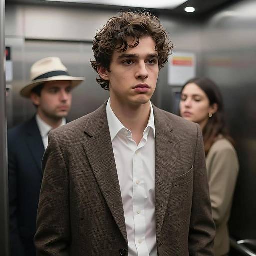Young Man in Elevator with Blurred Background